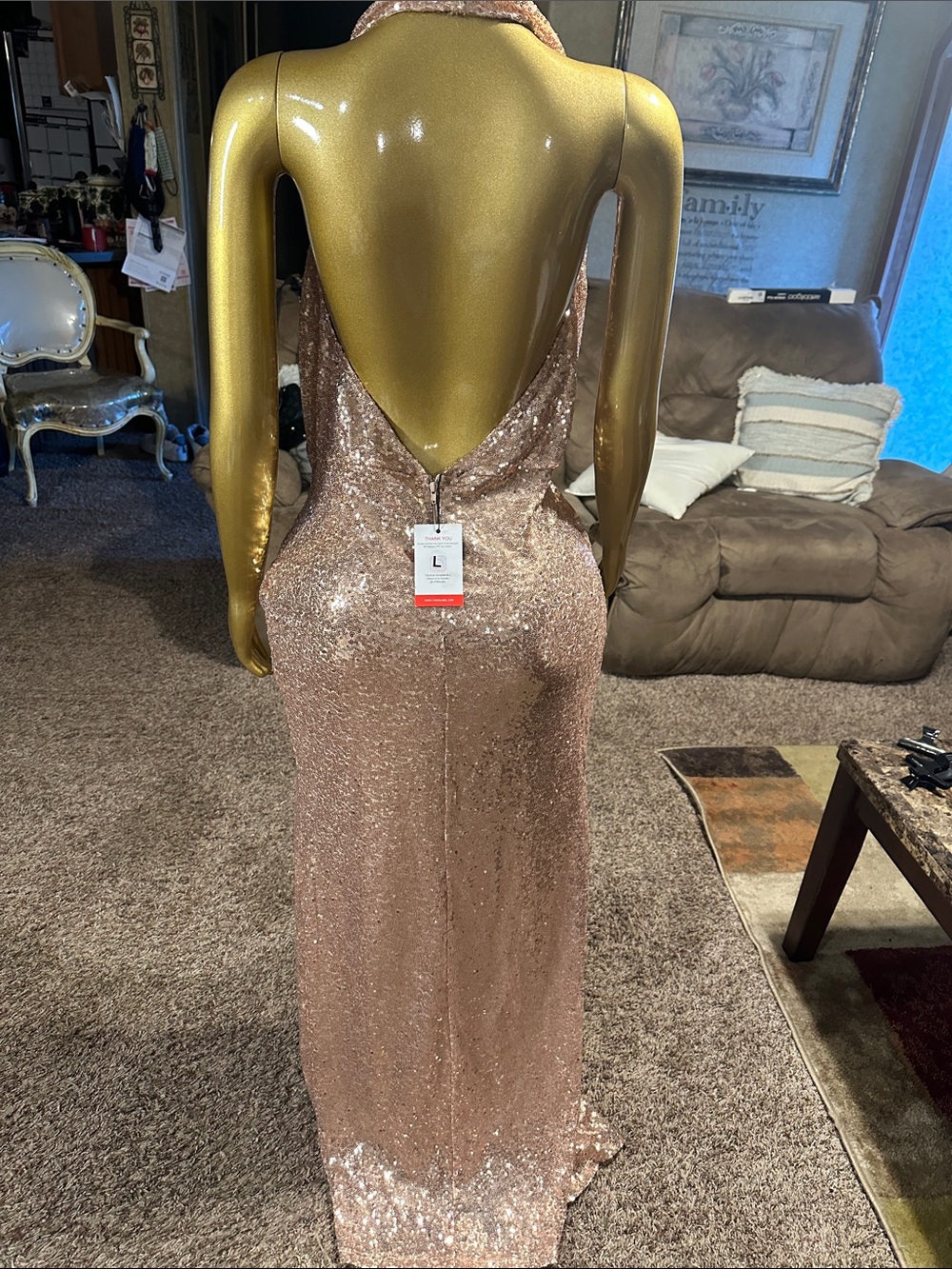 Sequined Cowl Halter Prom Dress in Rose Gold - Picture 7 of 10